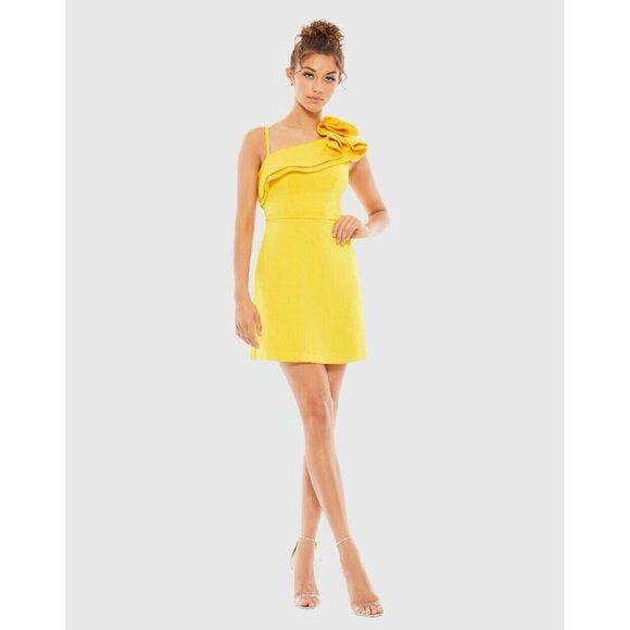 Mac Duggal Size 0 Yellow One Shoulder Ruffle Mini Sheath Cocktail Dress New - Picture 2 of 12